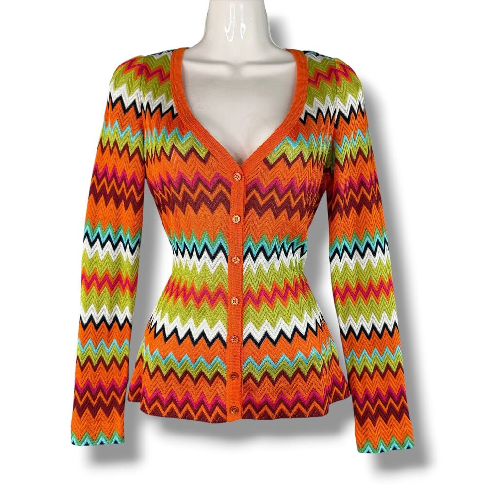 Missoni Italian Orange Label Chevron Multicolor Button Down Knit Cardigan Sz M/L